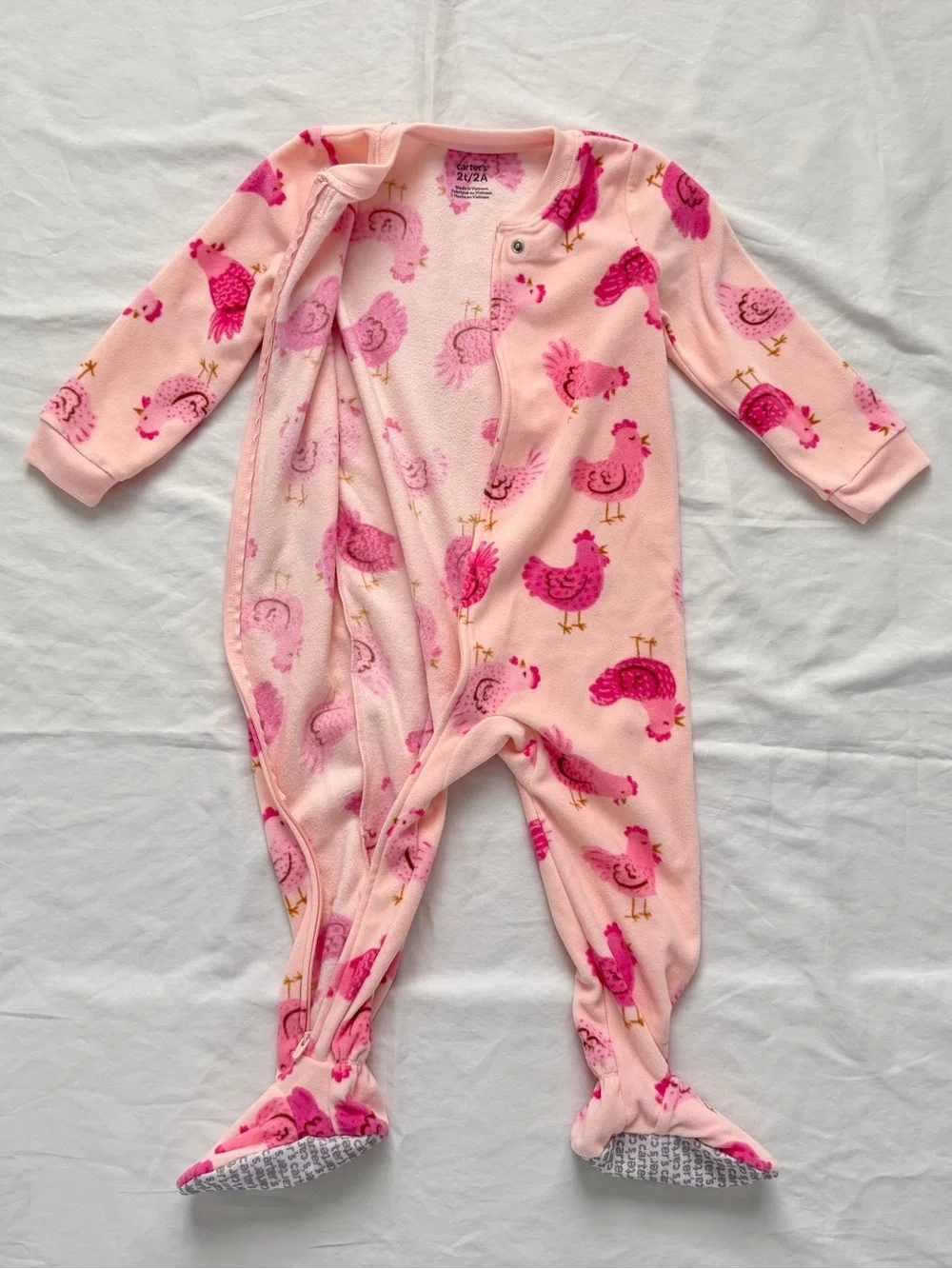 Carters Girls Fleece Bodysuit Pajamas | Pink with Chickens Print | 2T / 2A